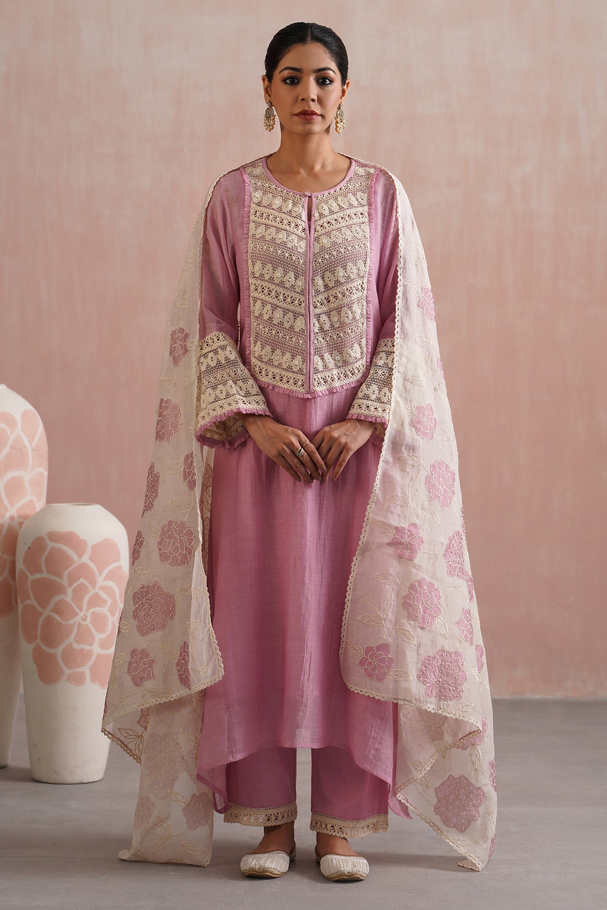 Buy Lilac Lace Work A-Line Kurta Set for women online available at Scrollnshops